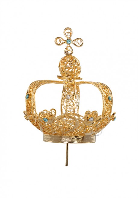 Coroa para Nossa Senhora de Fátima 60cm a 64cm, Filigrana. Pedras azuis e brancas.